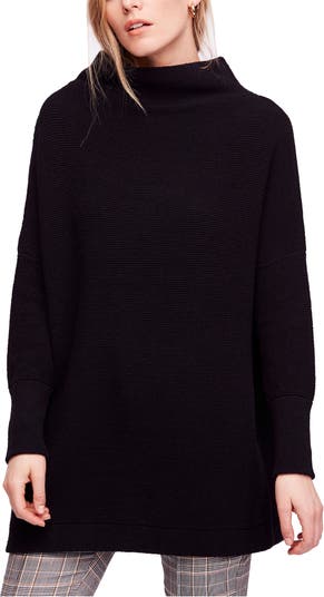 HOODED RIBBED KNIT TUNIC - Black