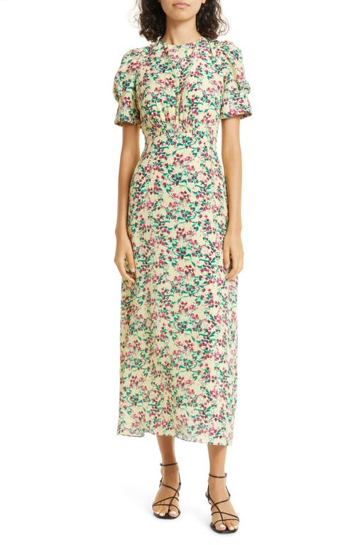 SALONI Bianca Puff Sleeve Silk Midi Dress in Canary Blossom Sml