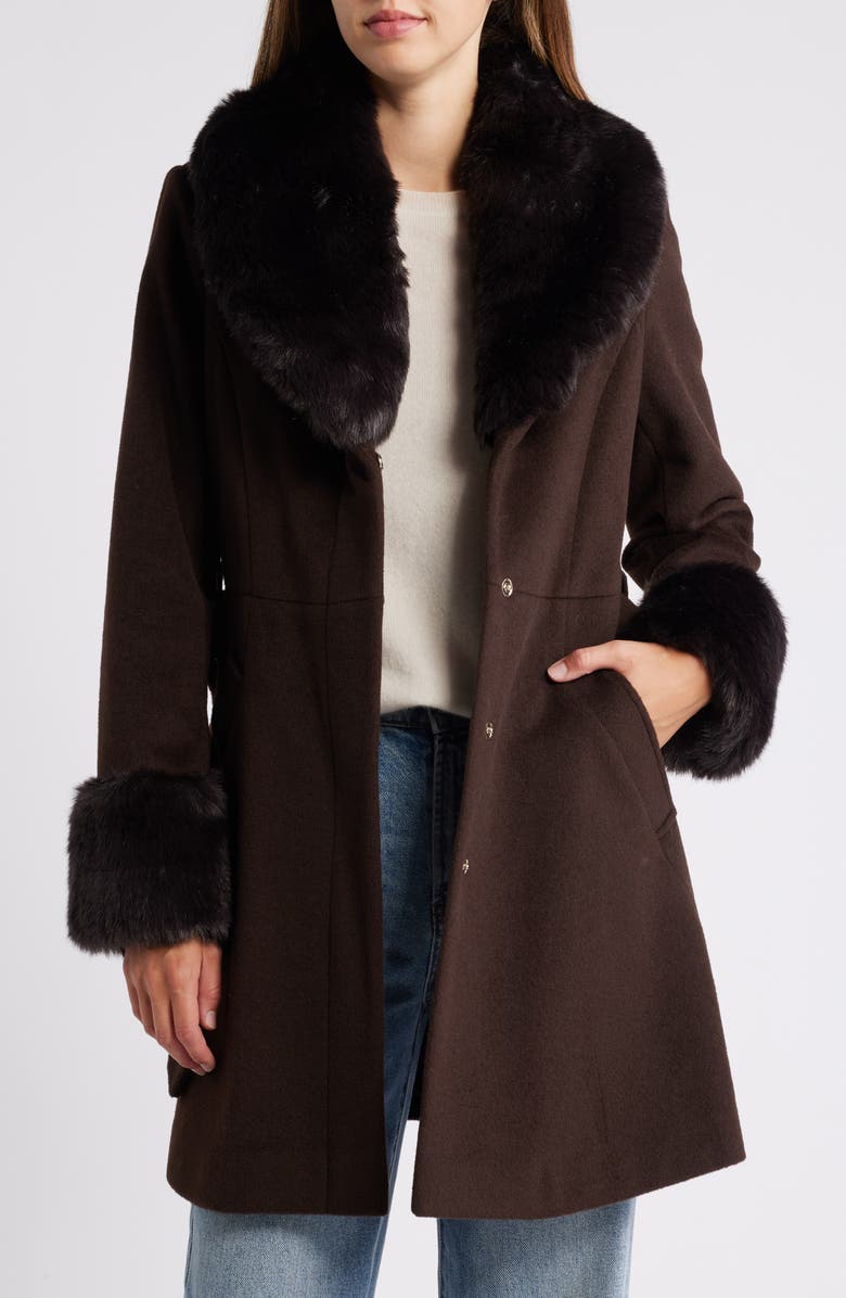 Via Spiga Belted Wool Blend Coat with Faux Fur Trim, Alternate, color, Chocolate