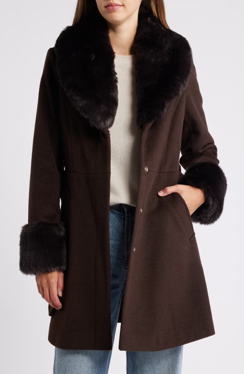 Via Spiga Belted Wool Blend Coat With Faux Fur Trim In Chocolate