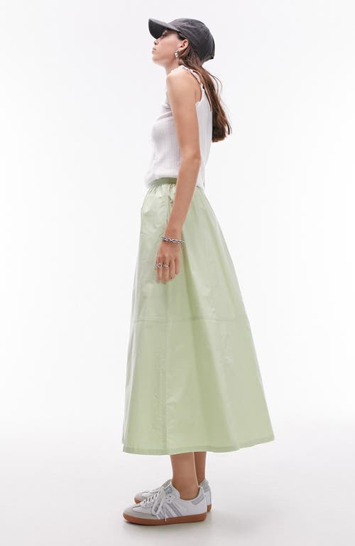 Shop Topshop Cotton Poplin Midi Skirt In Light Green