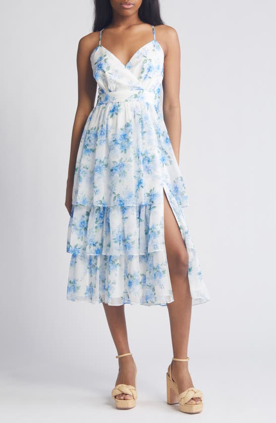 Lulus Cultivate Crushes Floral Midi Cocktail Dress In White/ Blue/ Green