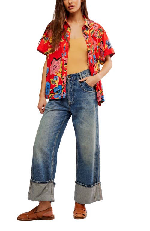 Free People Retro Tropics Palm Print Short Sleeve Button-up Shirt In Red Combo
