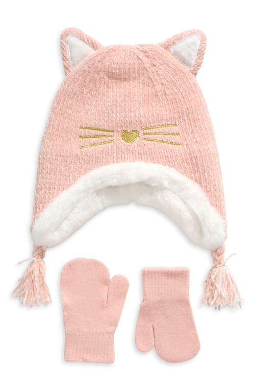 Capelli New York Kids' Kitty Earflap Chenille Hat & Mittens Set in Pink 