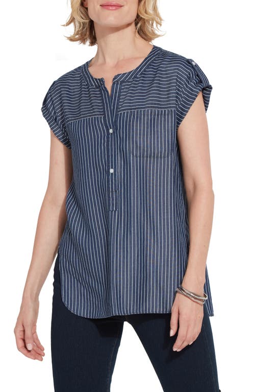 Shop Lyssé Delilah Pinstripe Popover Twill Top In Indigo Ledger Stripe