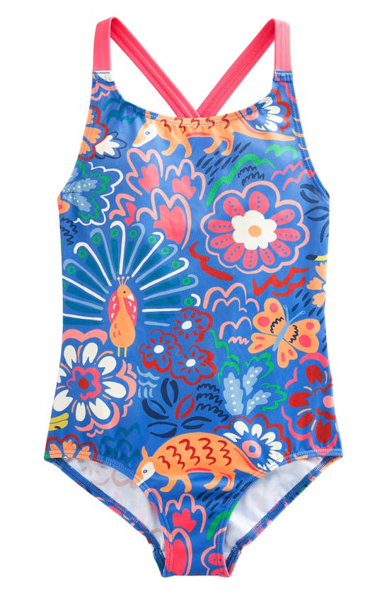 Mini Boden Kids' Print Crisscross One-piece Swimsuit In Blue Leopard Safari