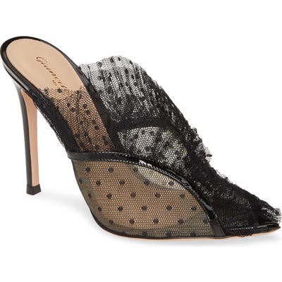 Gianvito Rossi Lace Ruffle Slip-On Stiletto Sandal - Black