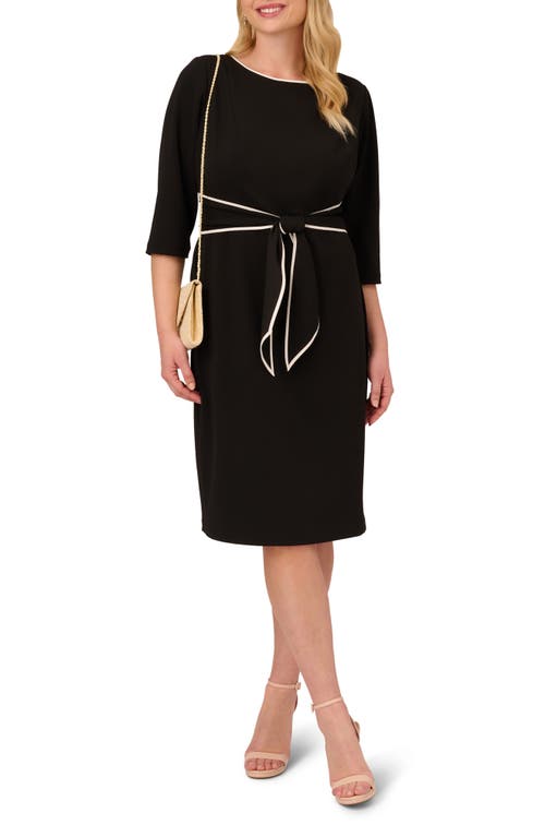 Adrianna Papell Tipped Tie Waist Crepe Dress In Black/ivory
