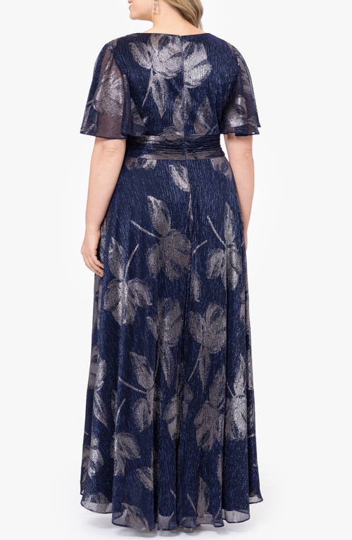 Shop Betsy & Adam Floral Foil Print Flutter Sleeve Gown In Navy/gunmetal