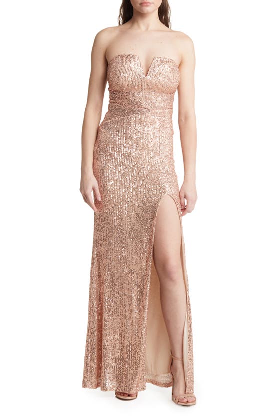 Lnl Sequin Strapless Gown In Rose Gold