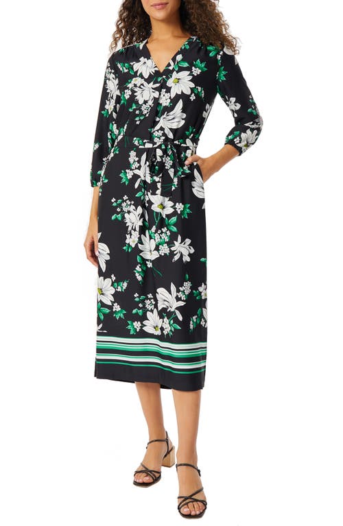 Floral Belted Three-Quarter Sleeves Midi Dress in Jones Blk/kelly Mlt