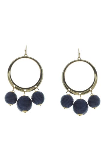 Shop Olivia Welles Circle Drop Thread Ball Trio Earrings In Gold/blue