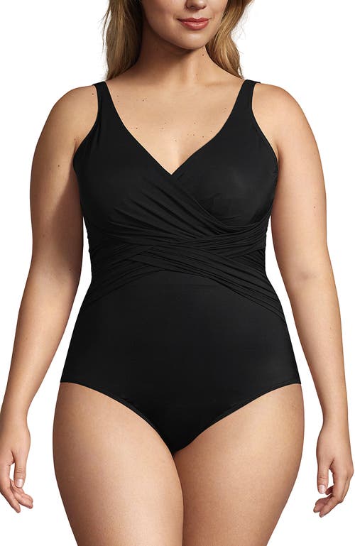 Shop Lands' End Plus Size Slendersuit Tummy Control Chlorine Resistant Wrap One Piece Swimsuit In Black