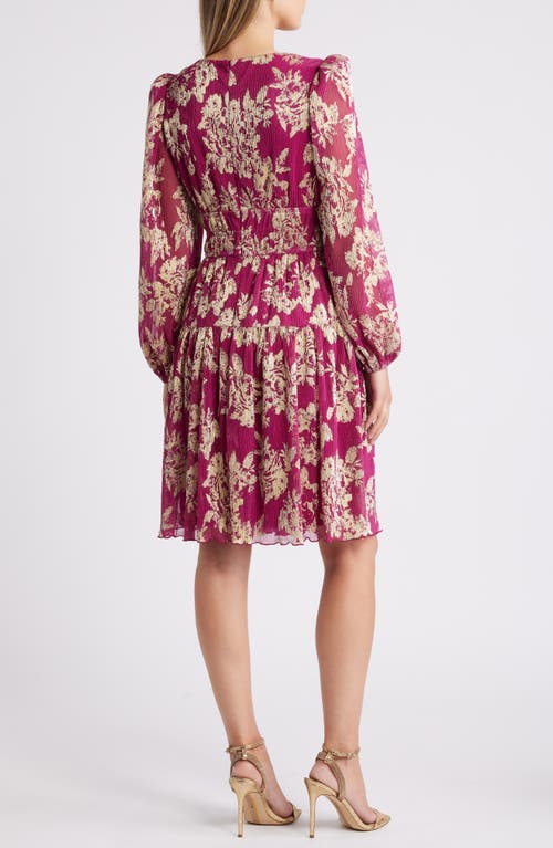 Shop Vince Camuto Metallic Floral Long Sleeve Fit & Flare Dress In Magenta