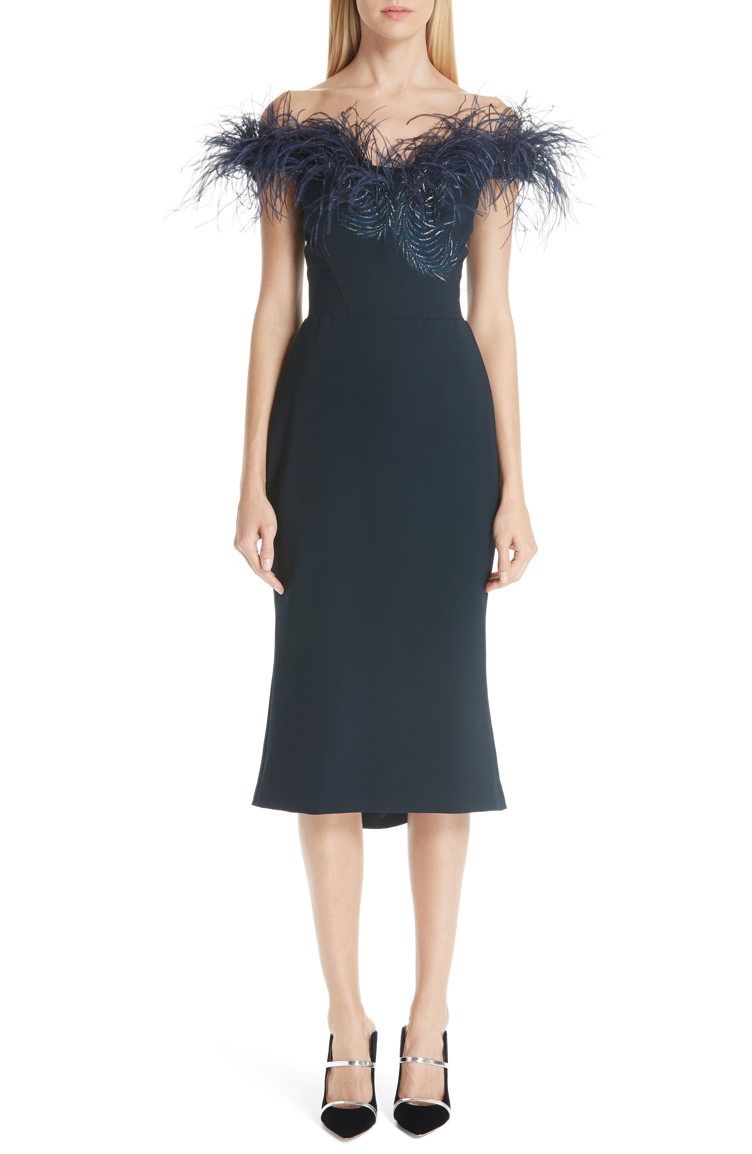 Marchesa Off The Shoulder Feather Cocktail Dress, Blue