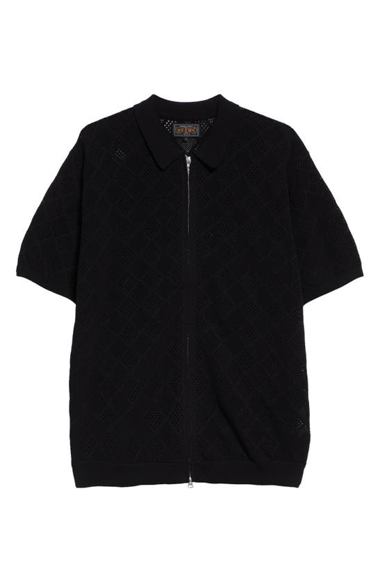 Beams Zip Knit Cotton Mesh Polo In Black 19