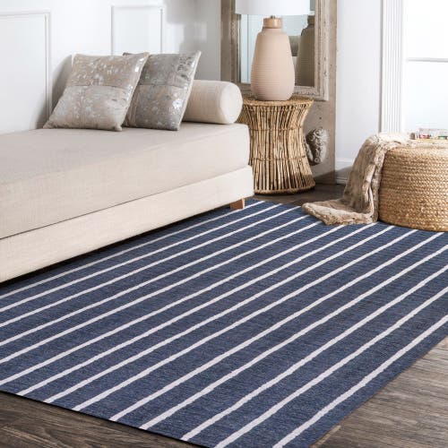 Jonathan Y Rand Distressed Ticking Stripe Machine-washable Area Rug In Navy/gray