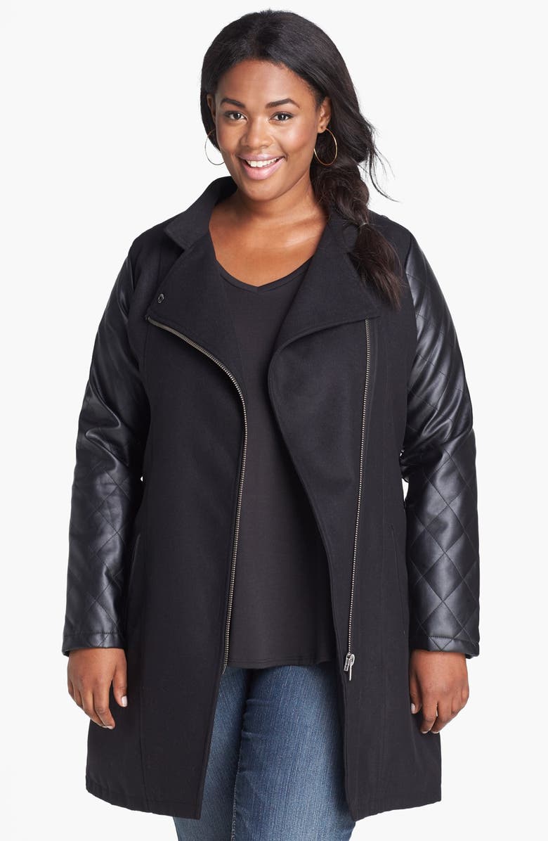 BB Dakota Faux Leather Sleeve Melton Coat (Plus Size) | Nordstrom