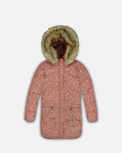 Shop Deux Par Deux Girl's Puffy Long Coat Dusty Pink With Small Flowers In Printed Vintage Mini Flowers