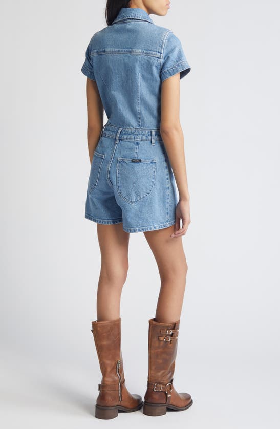 Shop Rolla's Short Sleeve Denim Romper In Mid Blue