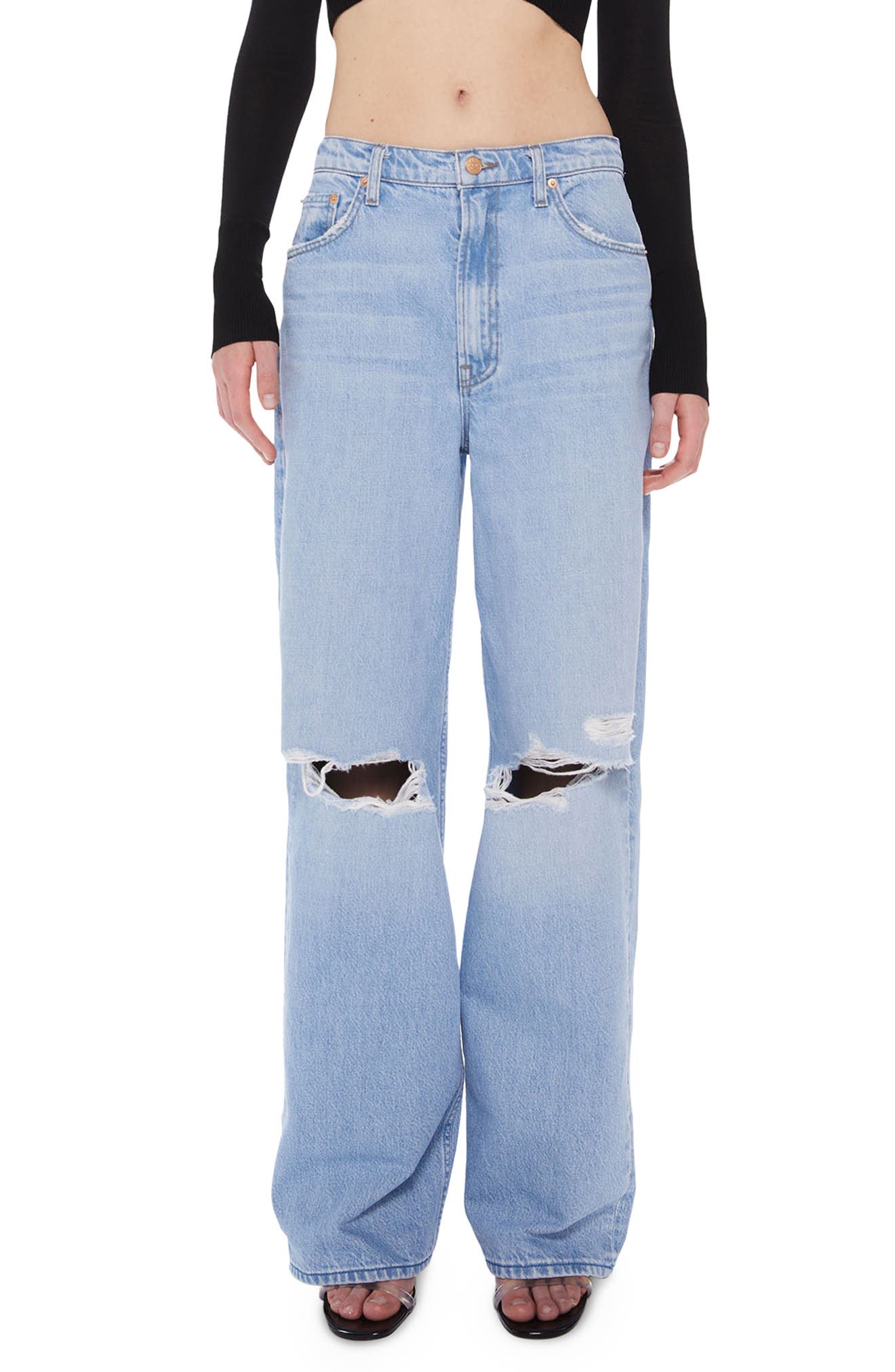MOTHER SNACKS! The Fun Dip Distressed High Waist Puddle Wide Leg Jeans in Lots Of Nibbles