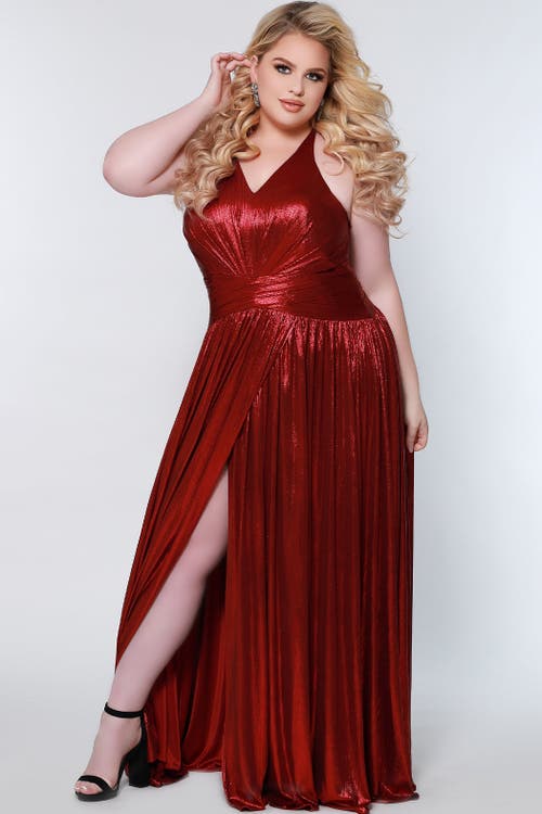 Celebrations By Sydneys Closet A-line Plus Size Metallic Formal Dress In Crimson