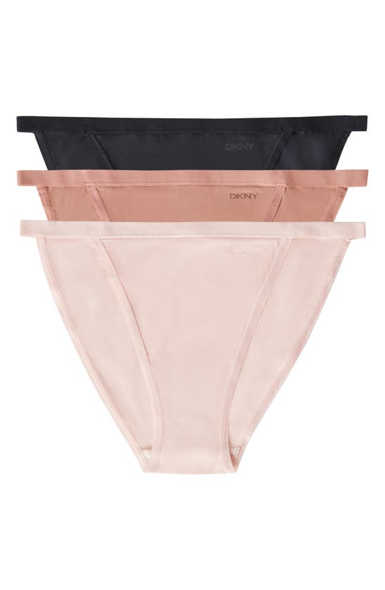 Shop Dkny Active Comfort Assorted 3-pack String Bikinis In Black/ Blush/ Rosewood