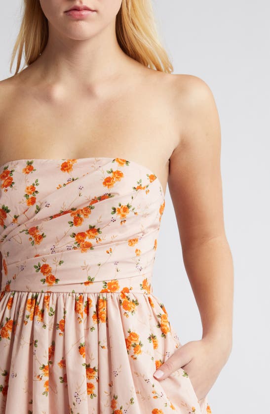 Shop Loveshackfancy Luxie Floral Strapless Cotton Dress In Persian Orange
