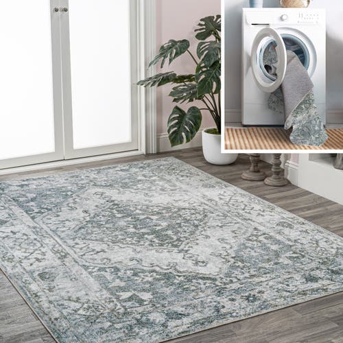 Jonathan Y Pavel Distressed Medallion Low-pile Machine-washable Area Rug In Light Gray/blue