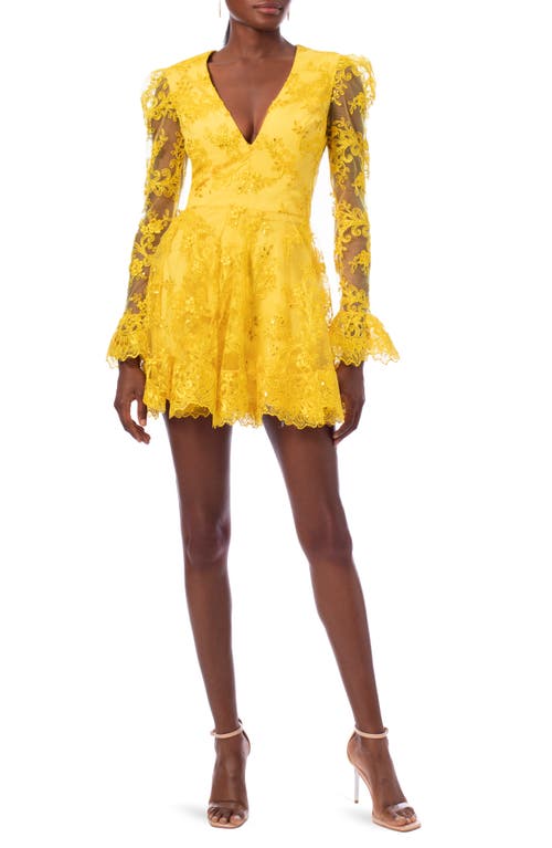 Lily Sequin & Lace Long Sleeve Minidress in Canary Yellow