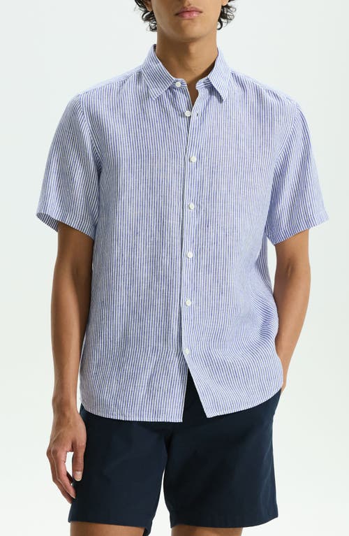 Shop Theory Irving Pinstripe Short Sleeve Linen Button-up Shirt In White/ocean - 1rn