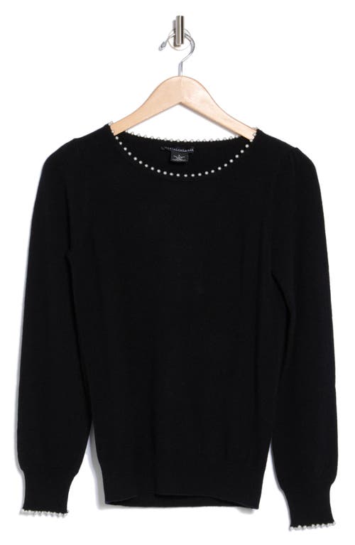Sofia Cashmere Crewneck Imitation Pearl Cashmere Sweater In Black