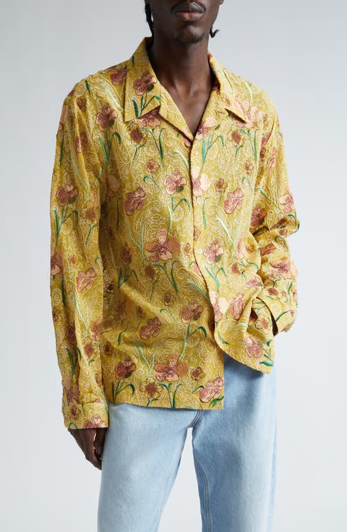 Séfr Ripley Floral Embroidered Long Sleeve Camp Shirt Yellow at Nordstrom,