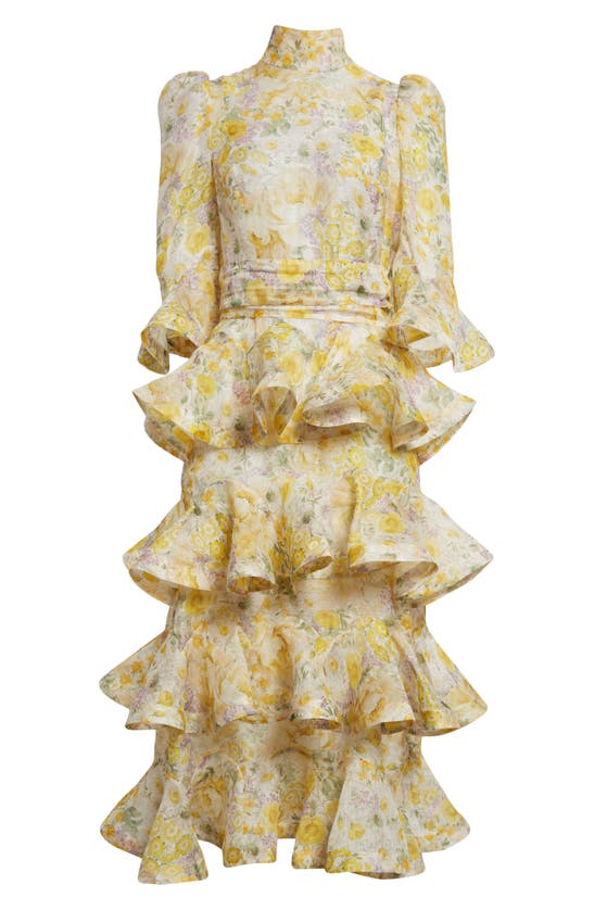 Shop Zimmermann Harmony Floral Ruffle Tiered Linen & Silk Midi Dress In Citrus Garden Print