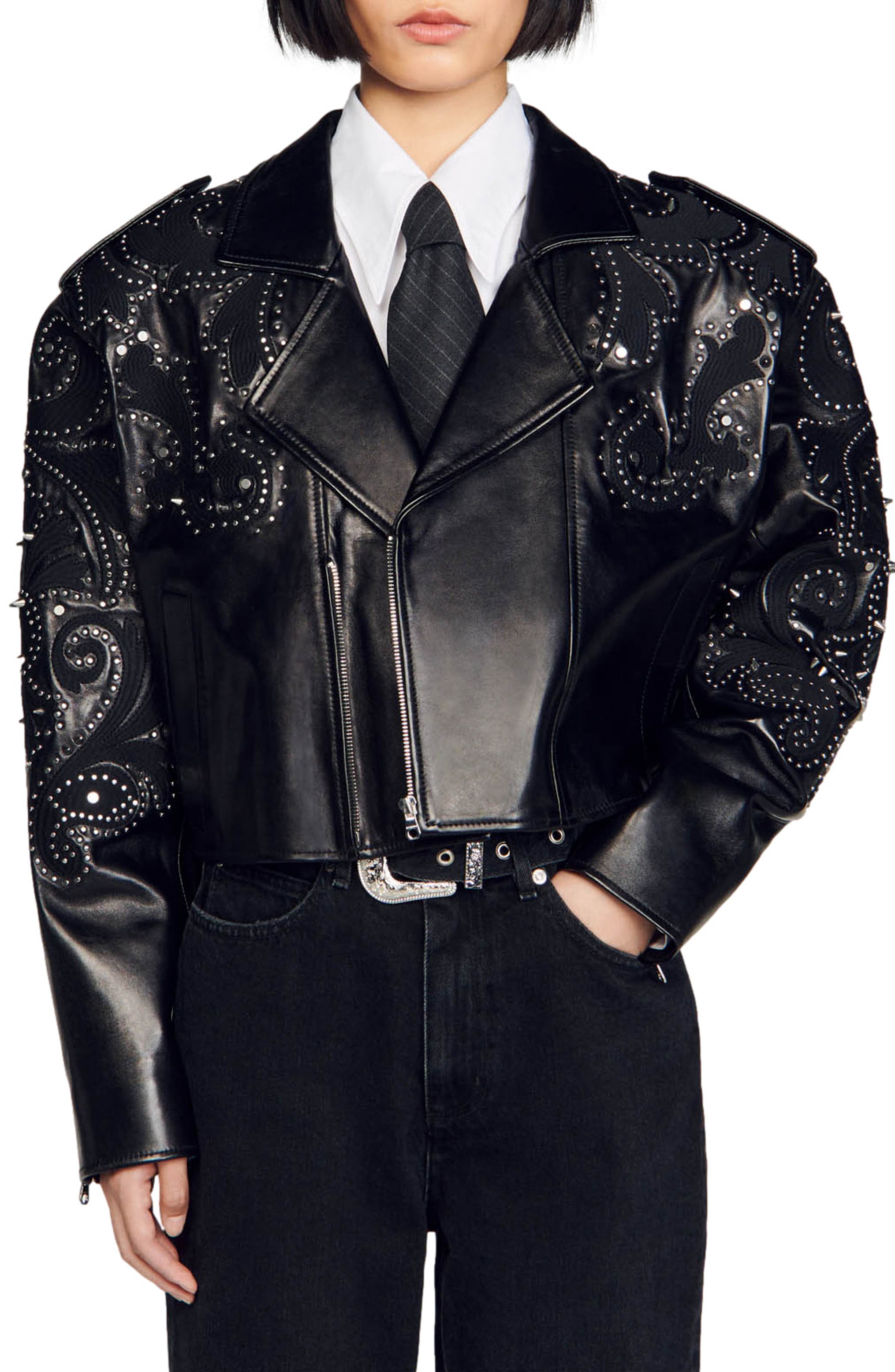 SANDRO crystal-embellished leather jacket - Grey