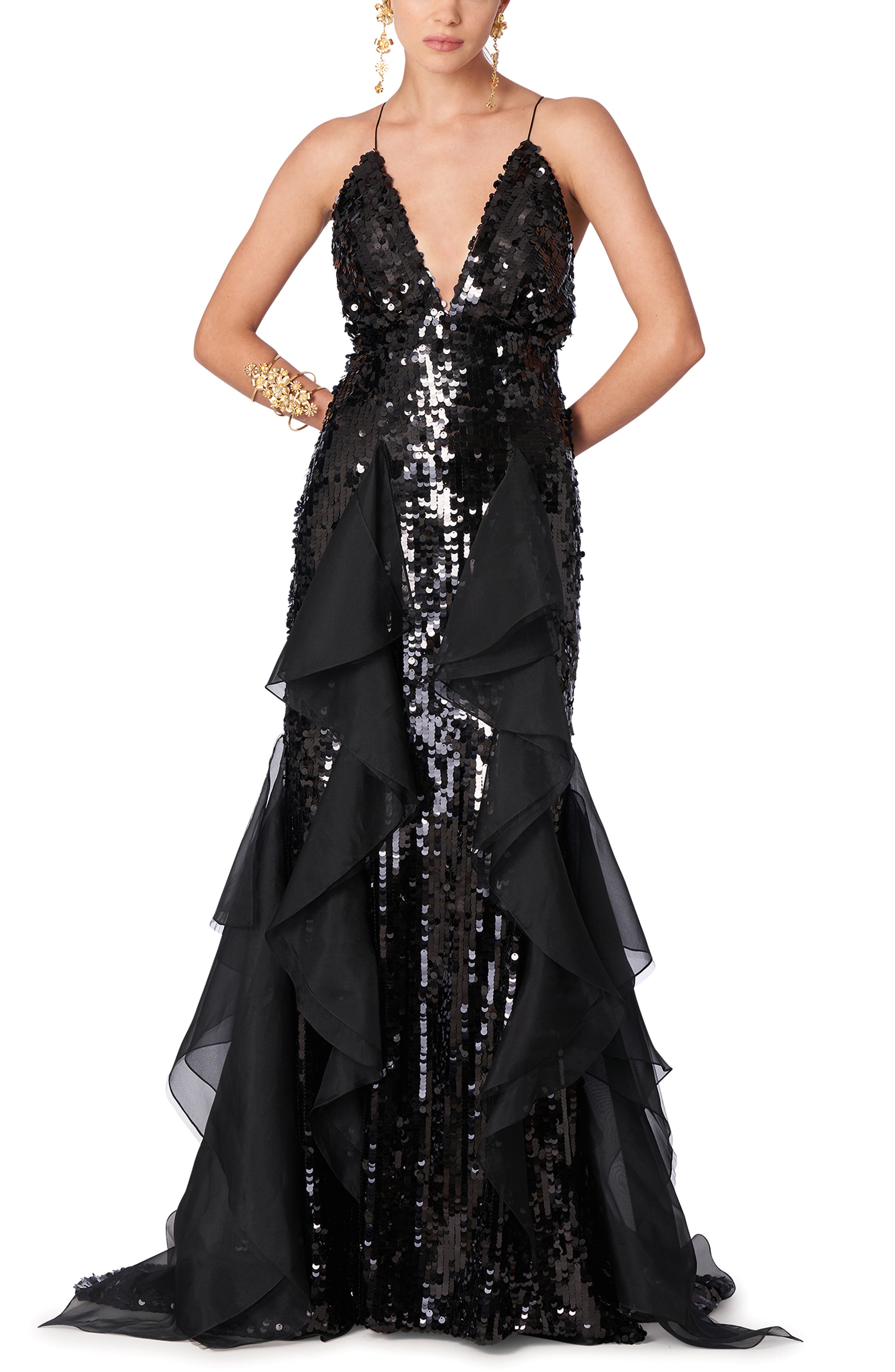 Carolina Herrera Sequin Ruffle Gown in Black at Nordstrom, Size 6