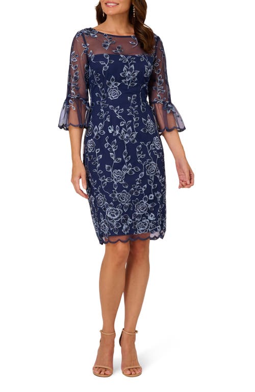 Adrianna Papell Floral Embroidered Bell Sleeve Sheath Dress in Midnight Multi at Nordstrom, Size 8