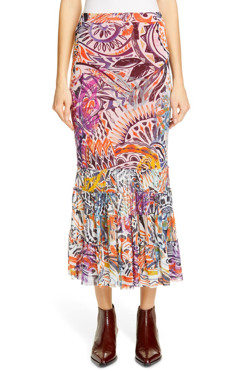  Mystical Print Ruffle Hem Midi Skirt, Main, color, MULTICOLOR