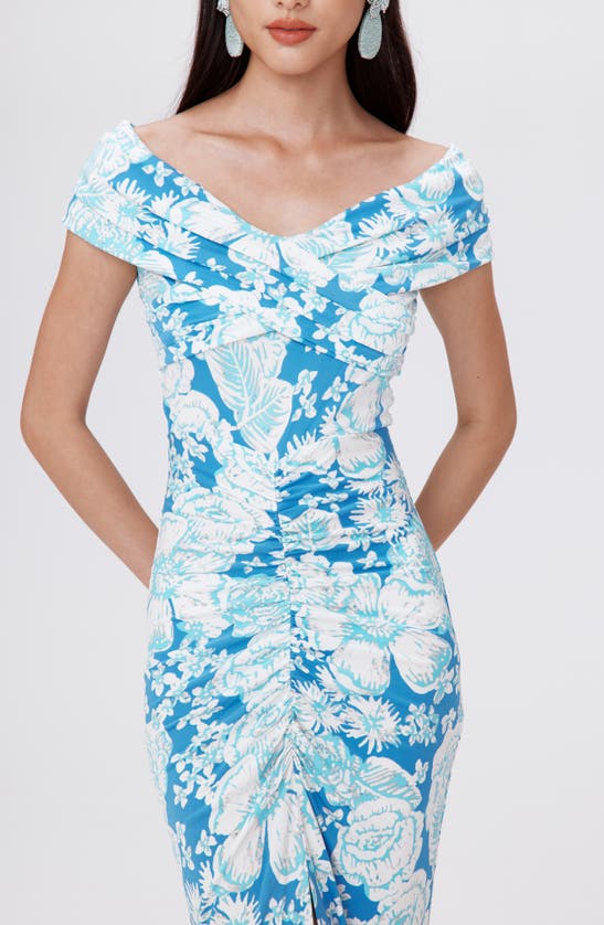 Shop Dvf Stephen Floral Portrait Neck Midi Dress In June Bloom Blue