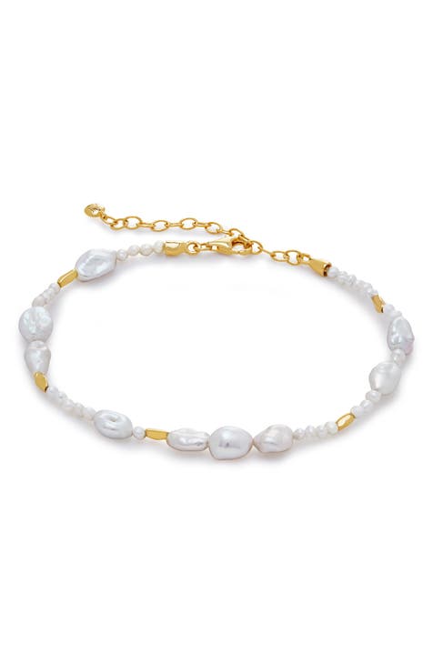 Double Chain & Pearl Fashion Bracelet - Gold Tone