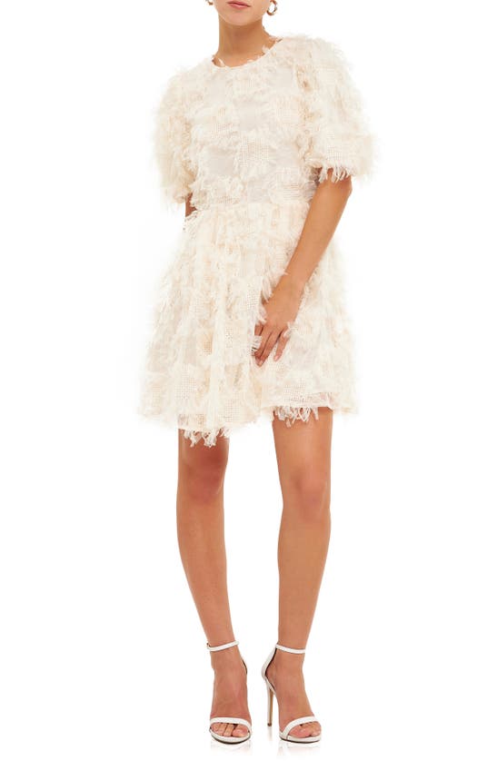 Shop Endless Rose Feathered Mesh Puff Sleeve Minidress In Cream