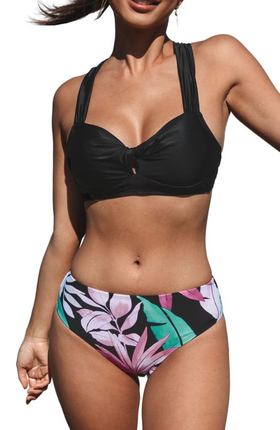 Shop Cupshe Tripicool Leaf Twist Front Bikini In Black Multi-color