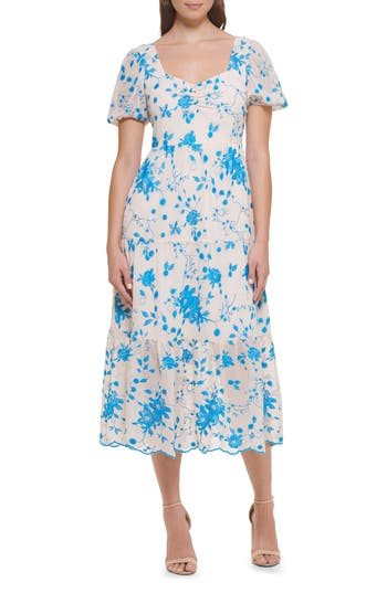 Kensie Floral Embroidered Puff Sleeve Chiffon Midi Dress In Ivory/blue