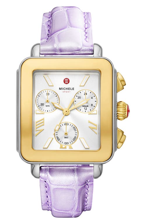MICHELE Deco Sport Chronograph Leather Strap Watch, 34mm x 36mm in Lavender /Two Tone 