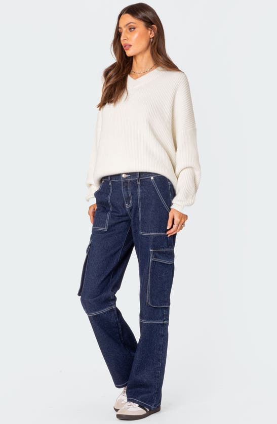 Shop Edikted Alyssa Contrast Stitch Wide Leg Cargo Jeans In Blue