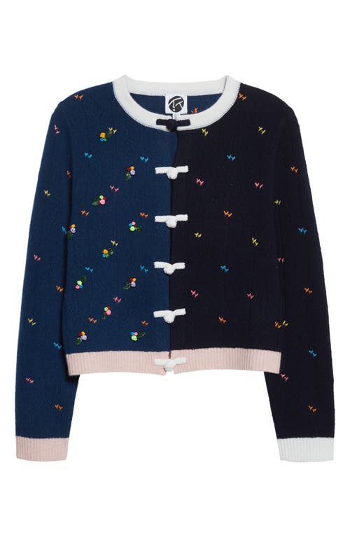 YanYan Rosie Colorblock Lambswool Pointelle Cardigan in Navy