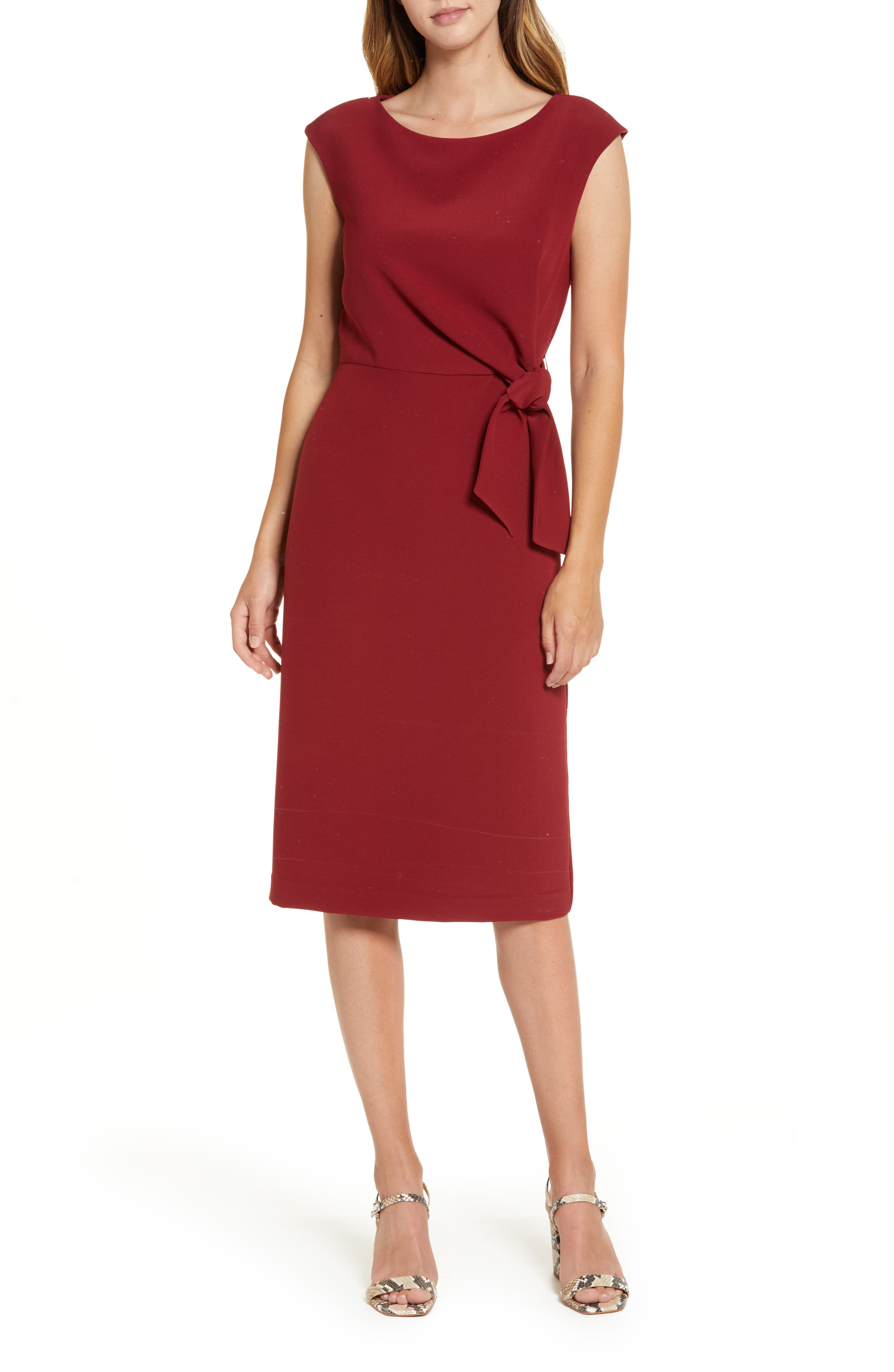 tahari asymmetrical knot sheath dress