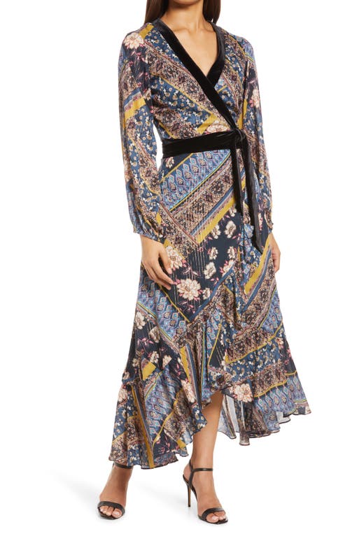 BTFL-life Print Long Sleeve Wrap Maxi Dress in Blue Multi
