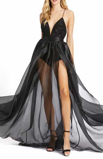 Ieena for Mac Duggal Oversize Bows Plunge Tiered Satin Cocktail