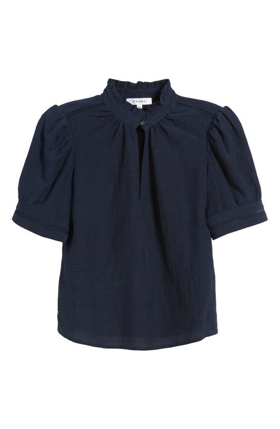 Shop Frame Lace Trim Puff Sleeve Linen Blend Top In Navy